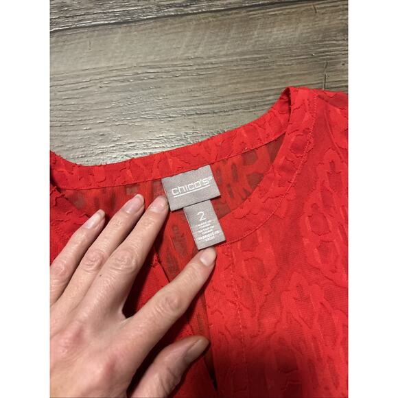 Chicos Red Semi Sheer Textured Red Blouse Size 2 Large Pullover Geometric - Picture 4 of 5